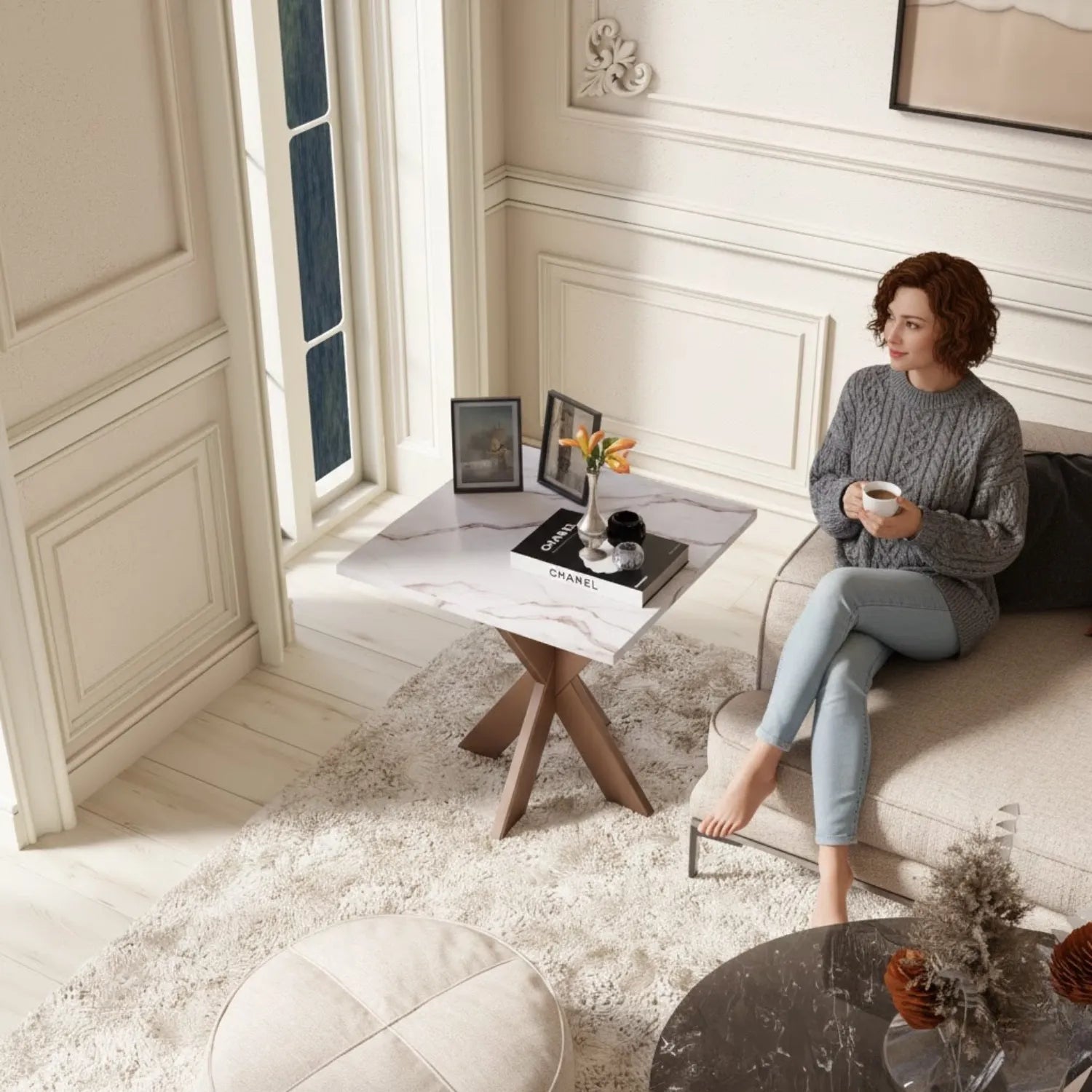 Marble top End table (Brown  And White And Copper)