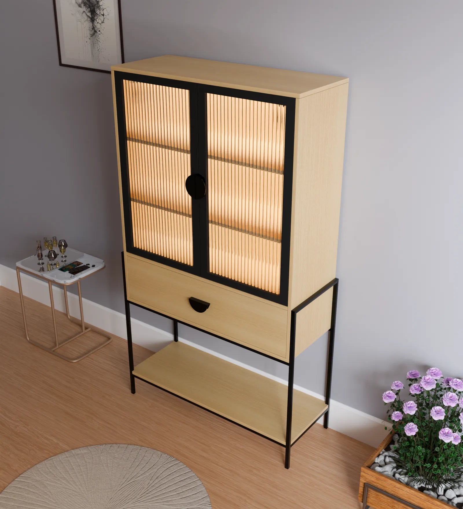 Metal Bar Cabinet (Wooden & Black)