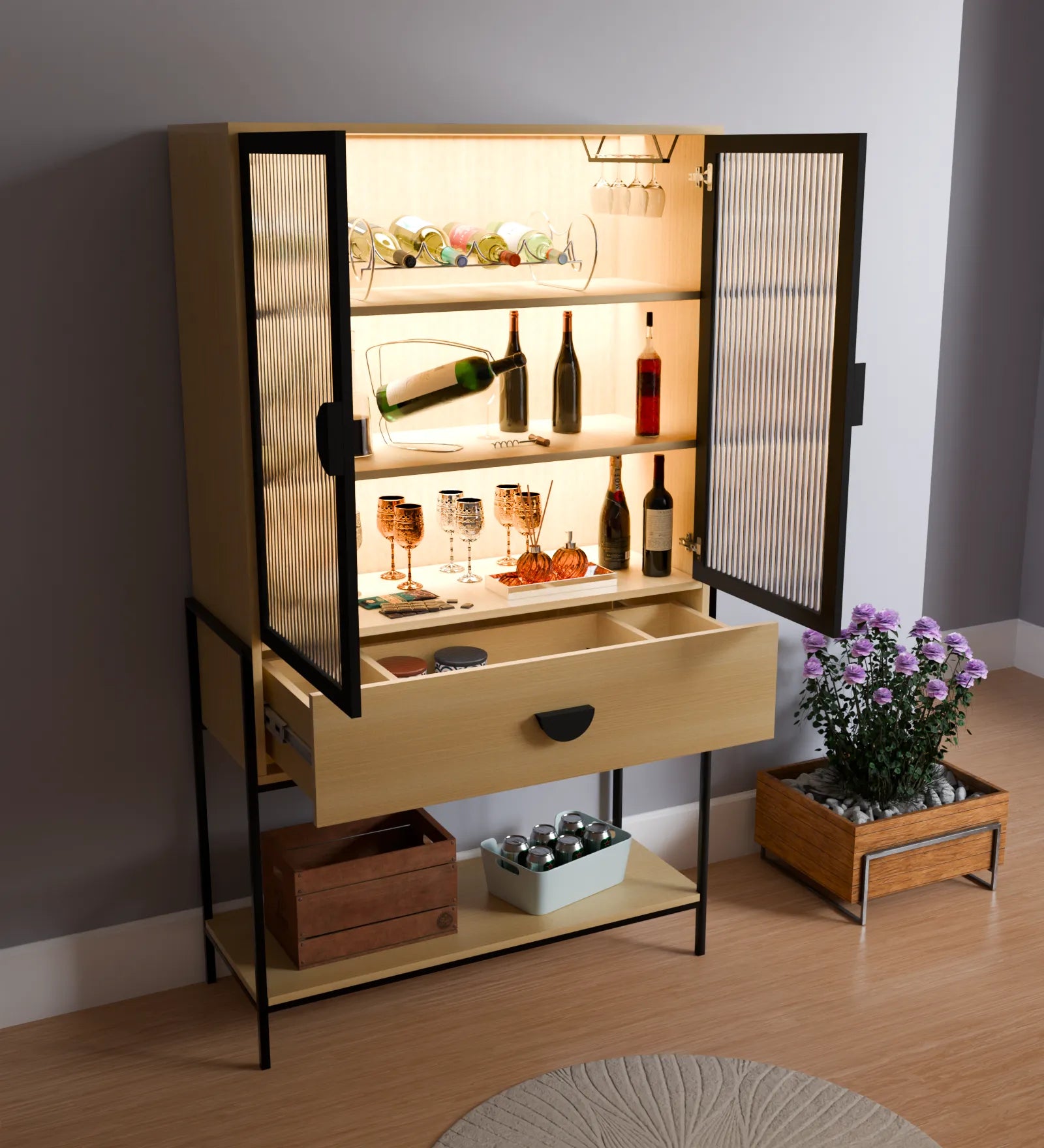 Metal Bar Cabinet (Wooden & Black)